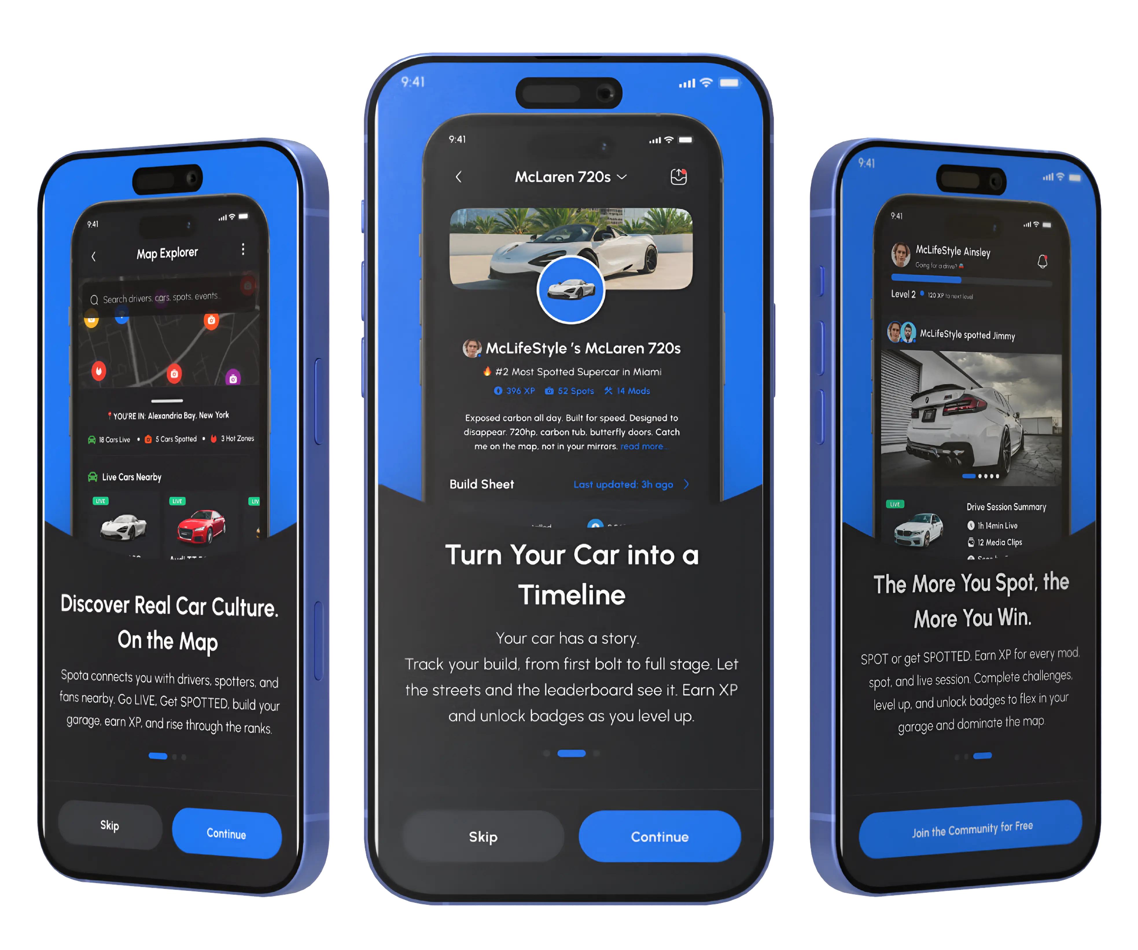 Screenshot of Spota App Splash Screens, App - Cockpit Feed, App - SpotaFeed, App - Car View